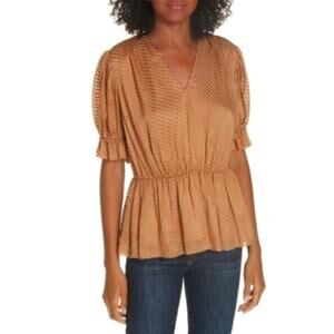 Lewit Silk V Neck Short Sleeve Tan Gold Peplum Blouse Size S